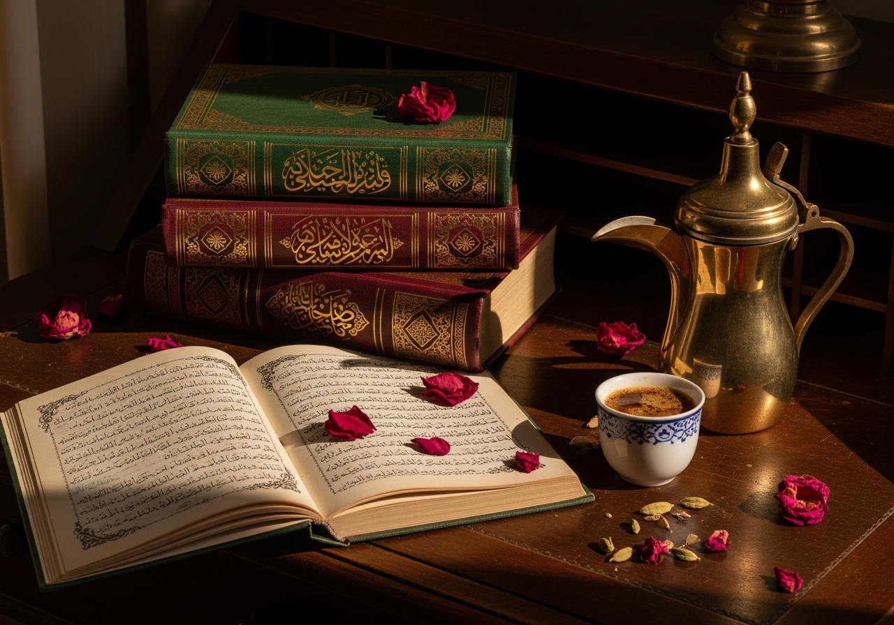 Stacked Arabic books and aged manuscripts